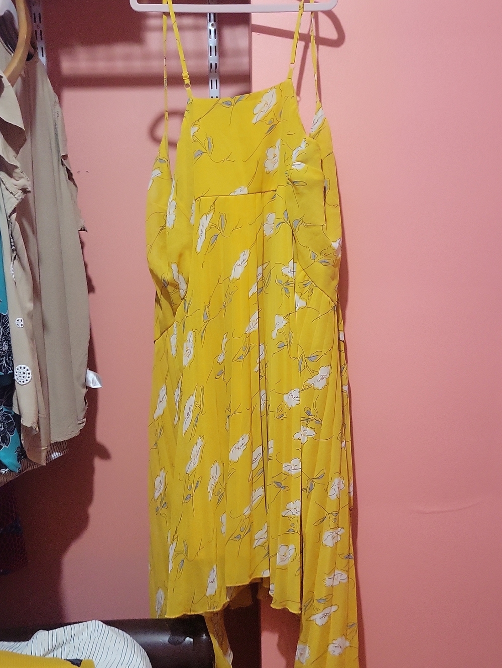 Suzy Shier Yellow Floral Asymmetrical Slip Dress